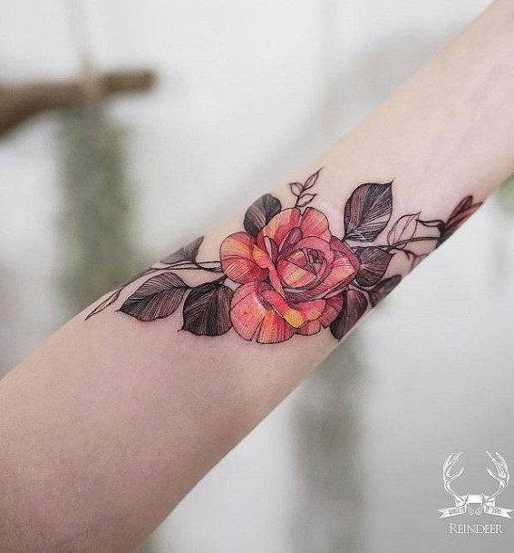 Orange Rose And Leaves Tattoo Womens Forearms