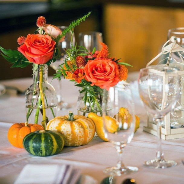 Orange Roses And Variety Small Pumpkins Centerpiece Decor Fall Wedding Ideas