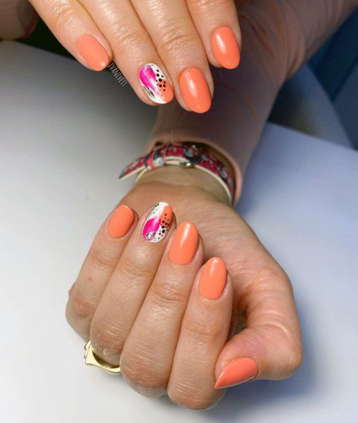 Orange Shellac Nails With Pink Design Accent For Women