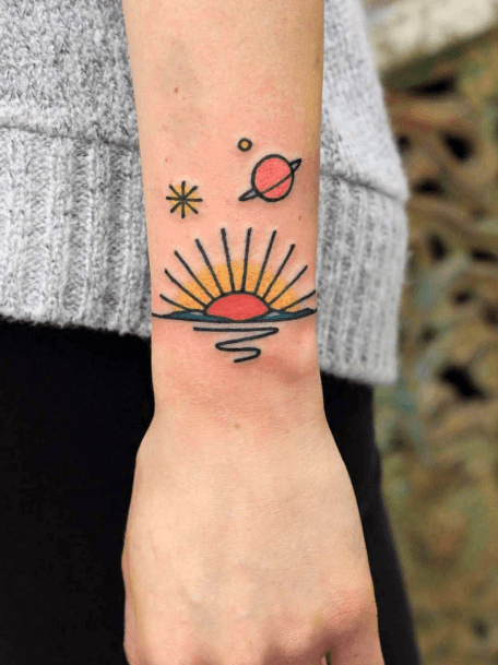 Orange Sun Tattoo Women Wrist Art