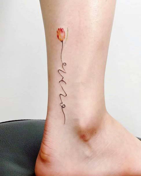 Orange Tulip And Cursive Ankle Tattoo