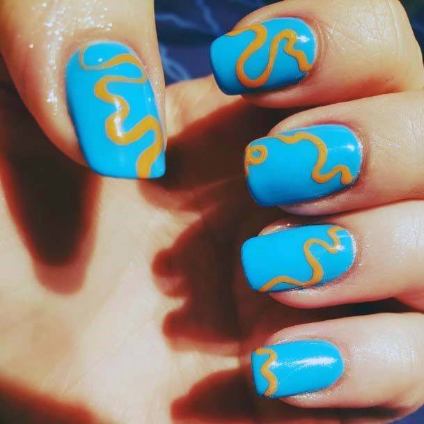 Orange Worms On Blue Nails For Women