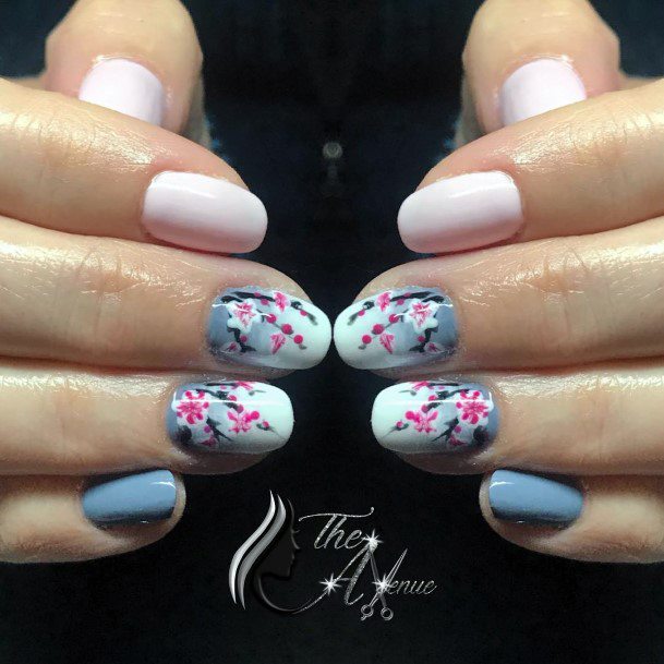 Oriental Flowers On Grey Ombre Nails