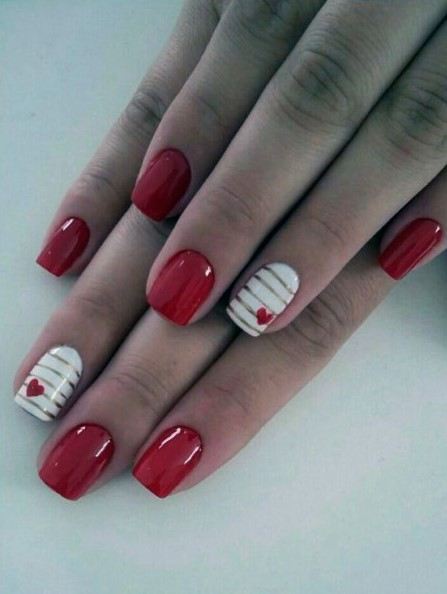 Original Short Red Nails With Striped Silver Rings Accent For Women