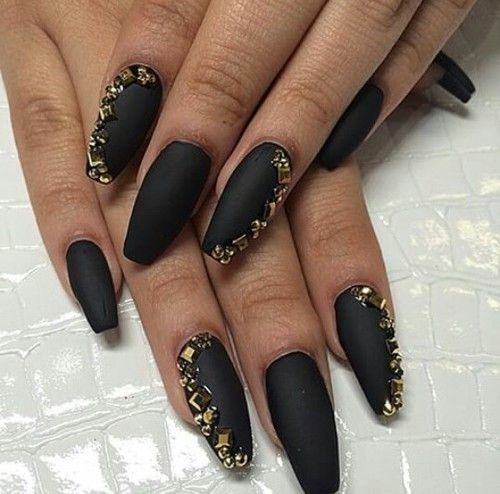 Ornate Nails For Females Matte Black And Gold