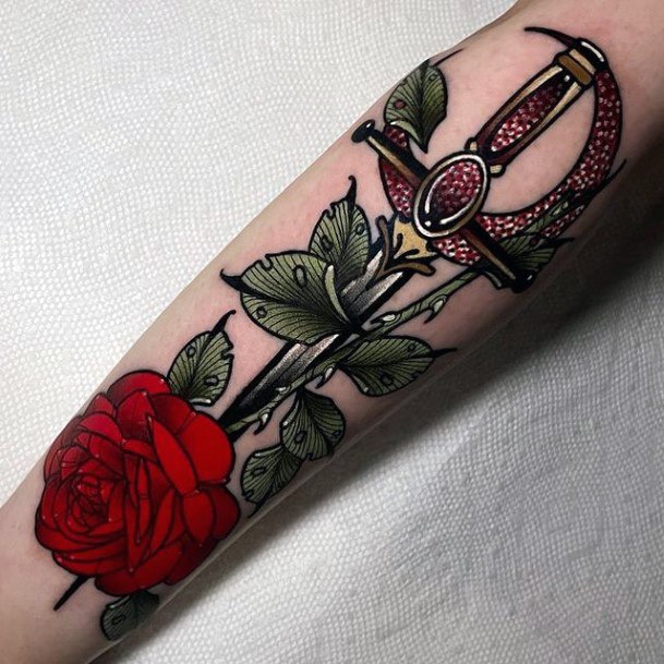 Ornate Tattoos For Females Dagger Rose