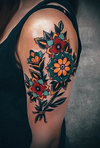 Ornate Tattoos For Females Girly Traditional Flowers Half Sleeve