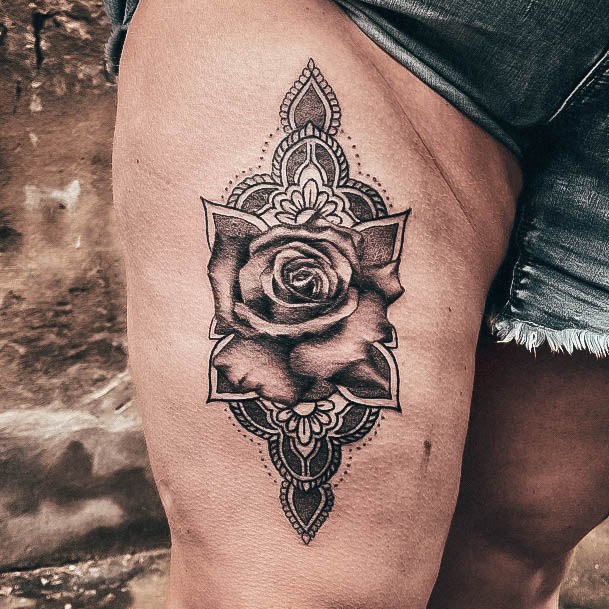 Ornate Tattoos For Females Rose Thigh