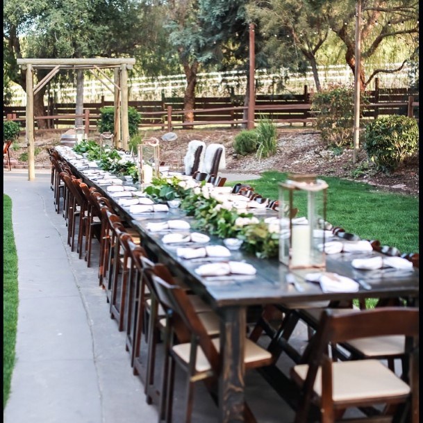 Outdoor Reception Long Natural Wood Table And Chairts Rustic Wedding Ideas