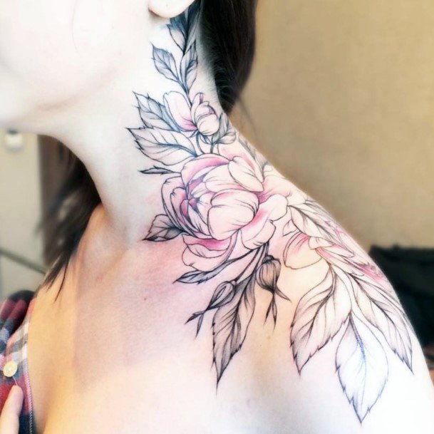 Outlined Blossoms Womens Neck Tattoo