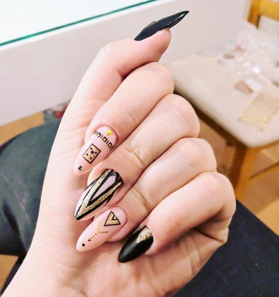 Outstanding Girly Matte Nude Black Gold Triangle Nail Ideas For Women