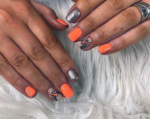 Overlapping Orange And Silver Summer Nails