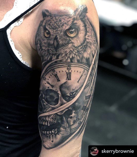 Owl And Clock Tattoo For Women Arms