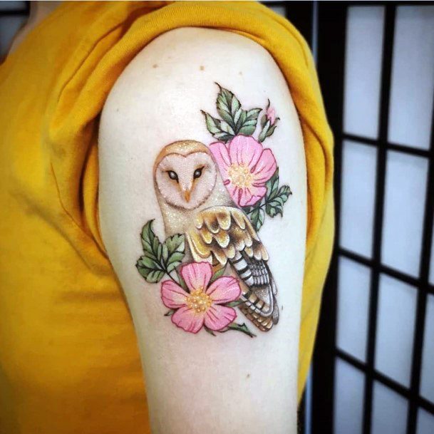 Owl Bird Tattoo With Flowers Womens Arms
