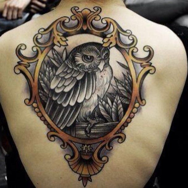 Owl In Framed Mirror Womens Back Tattoo Pretty