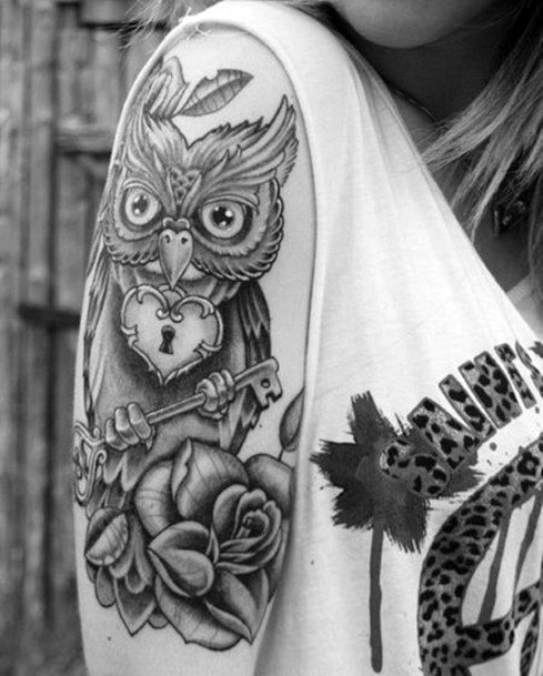Owl Lock And Key Tattoo Womens Half Sleeve