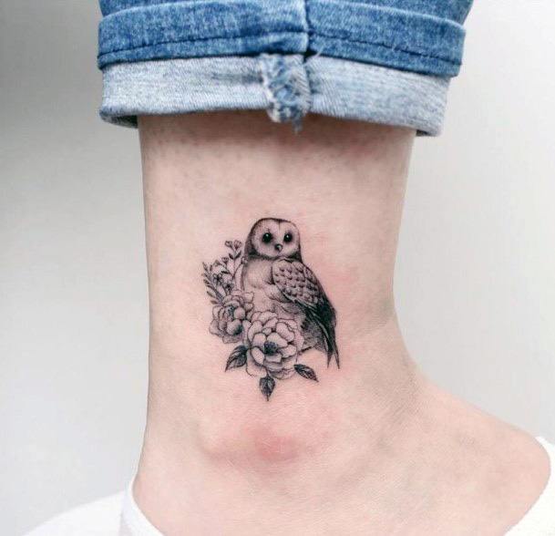 Owl With Floral Bouquet Tattoo Womens Ankles
