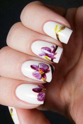 Painted Purple Orchids On White Nails