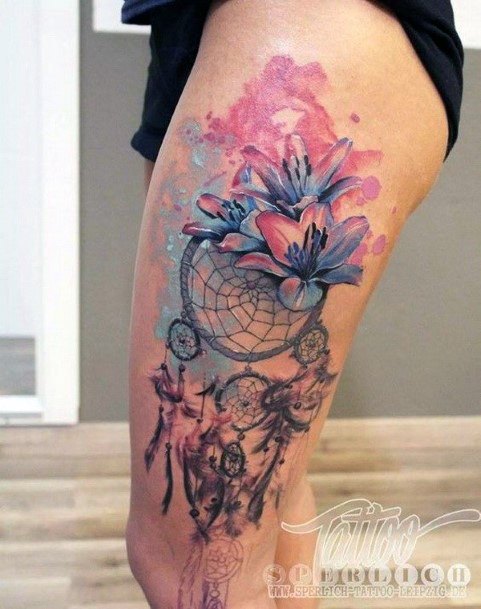 Painting Florals Dream Catcher Tattoo Womens Legs