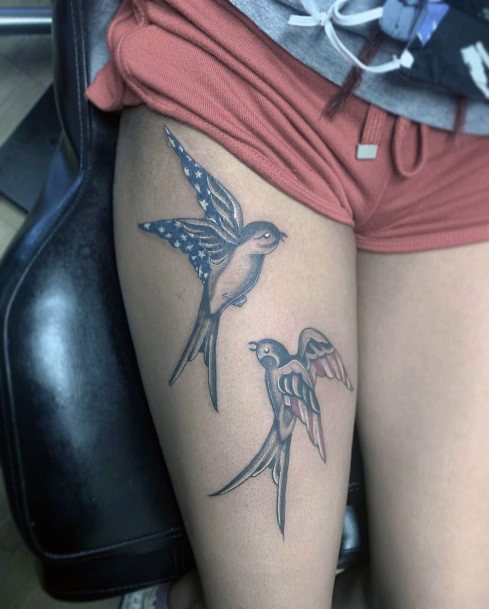 Pair Of Birds American Flag Tattoo Womens Thighs