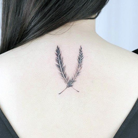 Pair Of Feathers Tattoo Womens Back