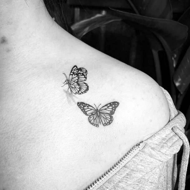 Paired Butterflies Grey Tattoo Womens Collarbone