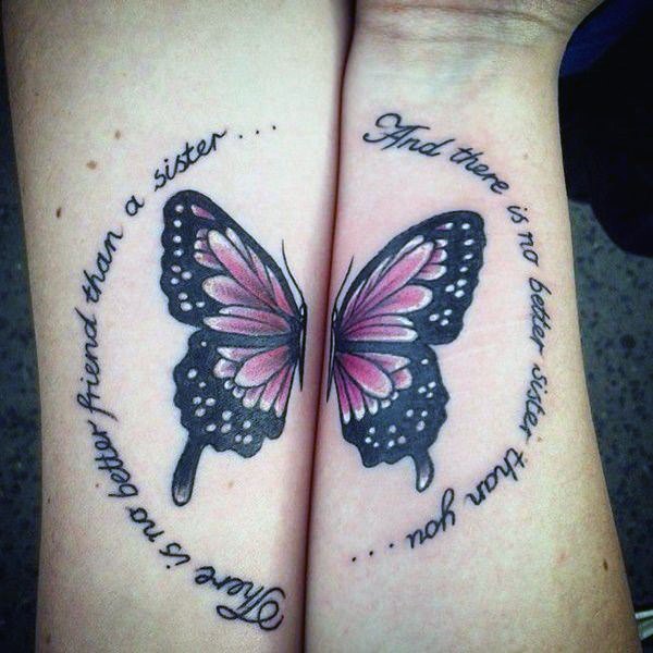 Paired Butterfly With Quote Sister Tattoo