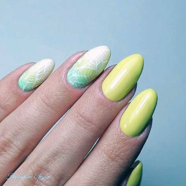 Pale Green And Yellow Leaf Art On Nails Women