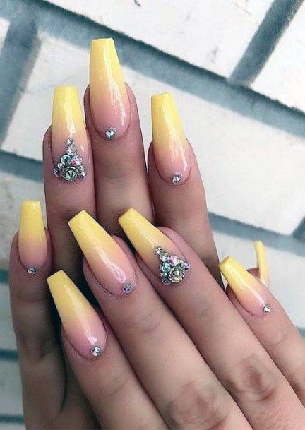 Pale Yellow Nails Ombre With Crystals For Women