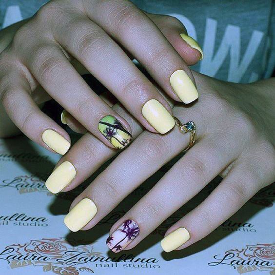 Pale Yellow Nails With Purple Art Accent For Women