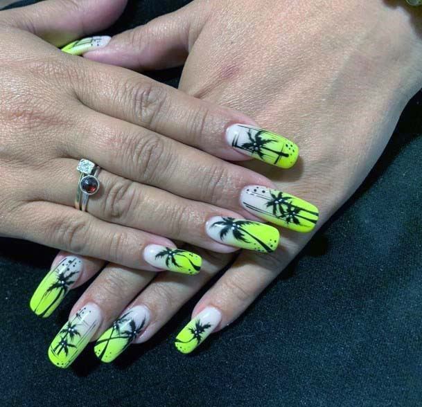 Palm Trees On Bright Yellow Nails For Women