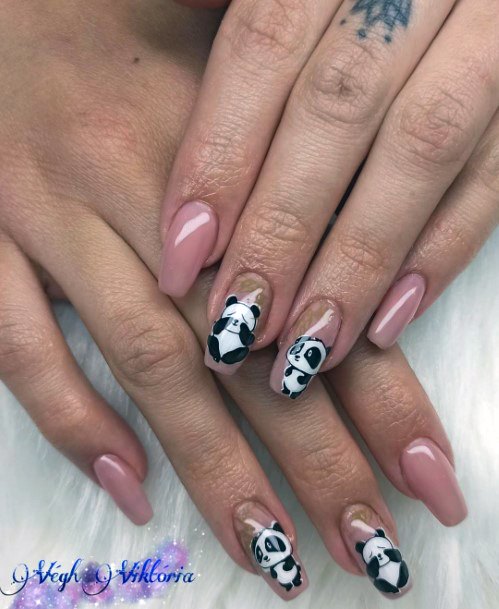 Panda Stickers On Pink Nails