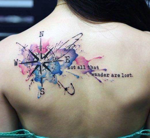 Pastel Color Splash And Compass Tattoo Womens Back