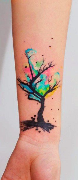 Pastel Colored Tree Tattoo Womens Wrists