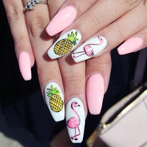 Pastel Flamingo And Pineapple Nails Women