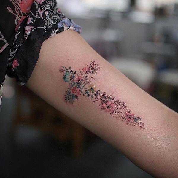 Pastel Flowers Cross Tattoo Womens Forearms