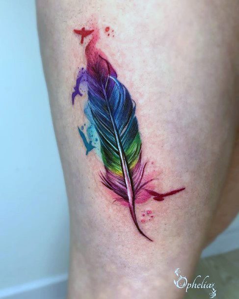 Pastels Feather Tattoo Womens Thighs