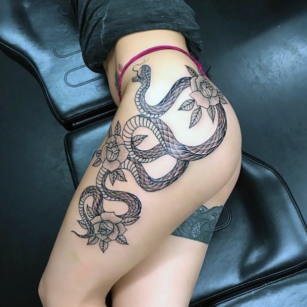 Patterened Grey Snake Tattoo For Women