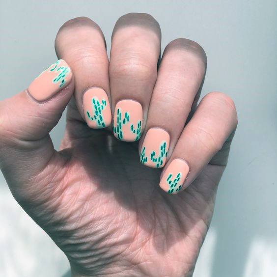 Peach Nails With Green Cactus Women