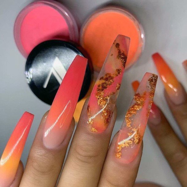 Peach Orange Transparent Nails With Gold Foils For Women