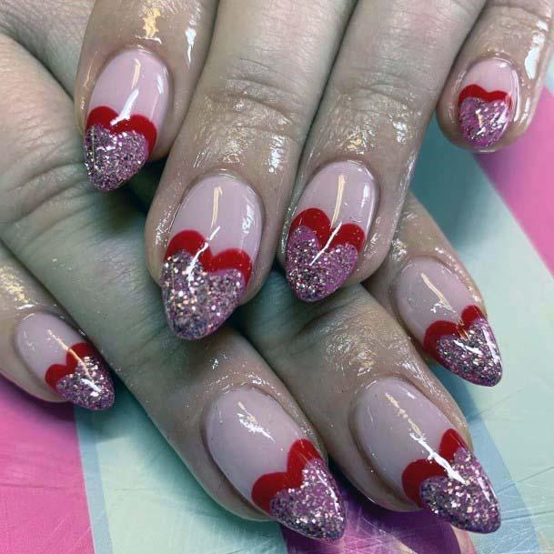 Peach Pink Nails With Red Sparkly Heart For Women