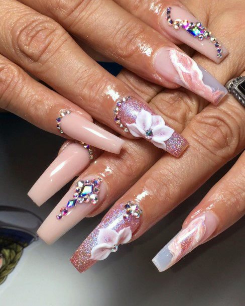 Peach Rose Colored Floral Birthday Nails With Crytals