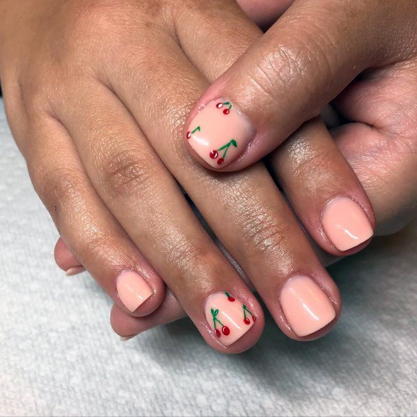 Peach Short Nails With Cherries Women