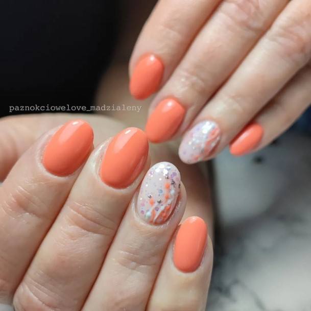 Peach With Glitter Womens Nails