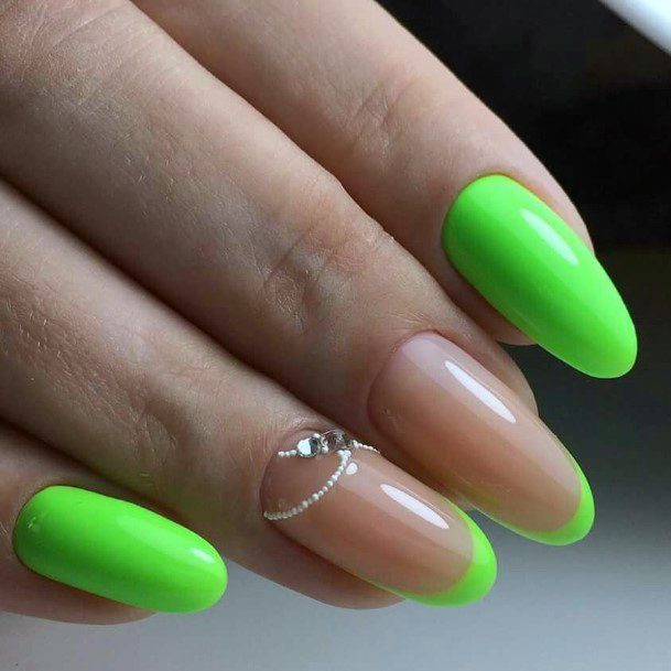 Pearls And Crystal Neon Green Nails