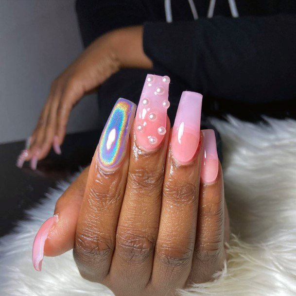 Pearly Clear Pink Nails With Hypnotic Rainbow Design For Women