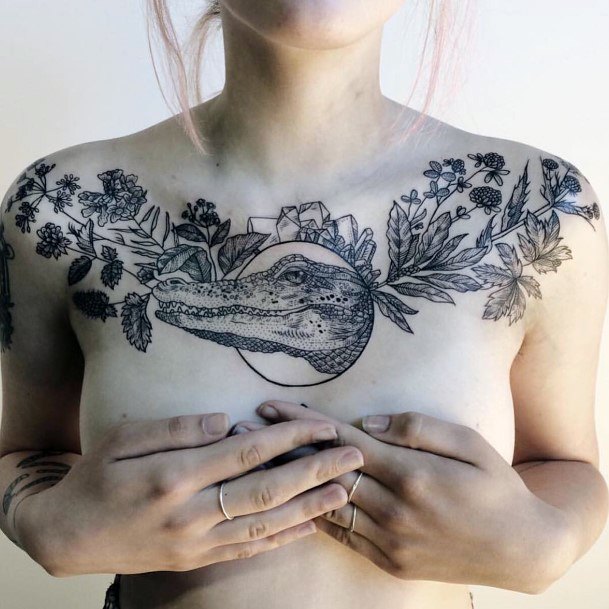 Peeping Alligator Tattoo Womens Chest