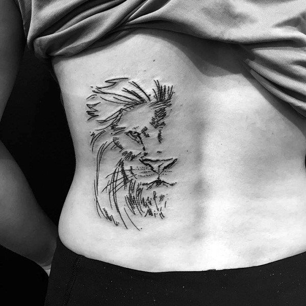 Pencil Art Of Lion Womens Back Tattoo