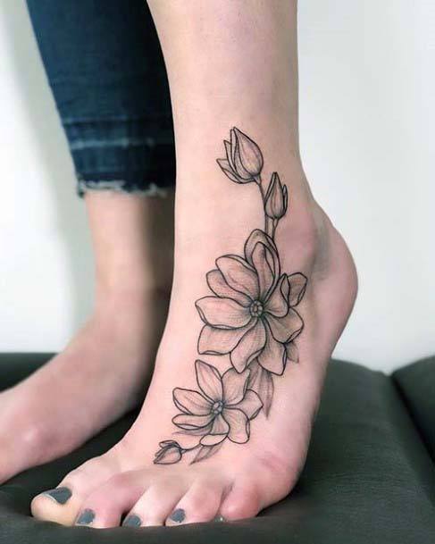 Pencil Shading Gray Floral Tattoo Womens Foot