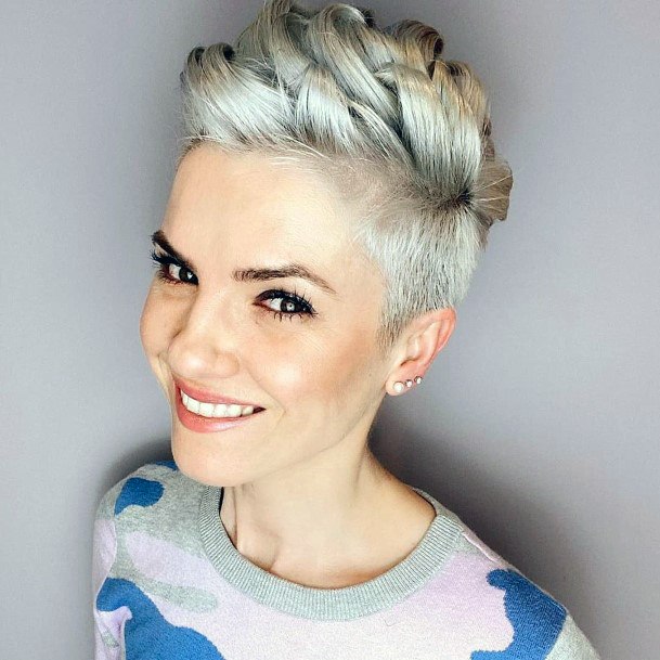 Perfected Brushed Back Ashy White Grey Pixie Cut Womens Hairstyle